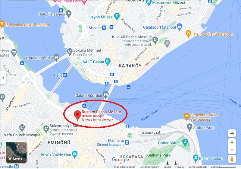 نقشه محل قرارگیری مسجد رستم پاشا استانبول