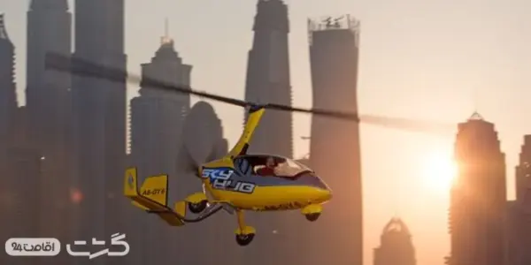 پرواز با جایروکوپتر در غروب دبی و نمایی از برج ها